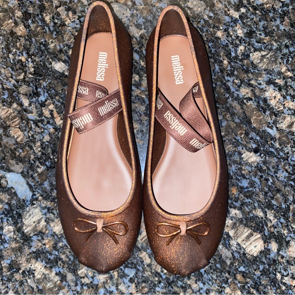 Melissa Metallic Bronze Glitter Ballet Flats with Logo Strap BRAND NEW
